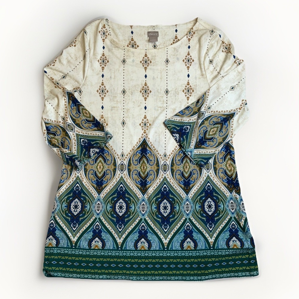 CHICOS Womens Size 1 Medium  Lantern Print Tunic  Boho Peasant Long Line